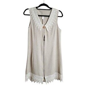 Vintage Lace Pearl Collar Trim Dress zip front M linen look cottagecore granny